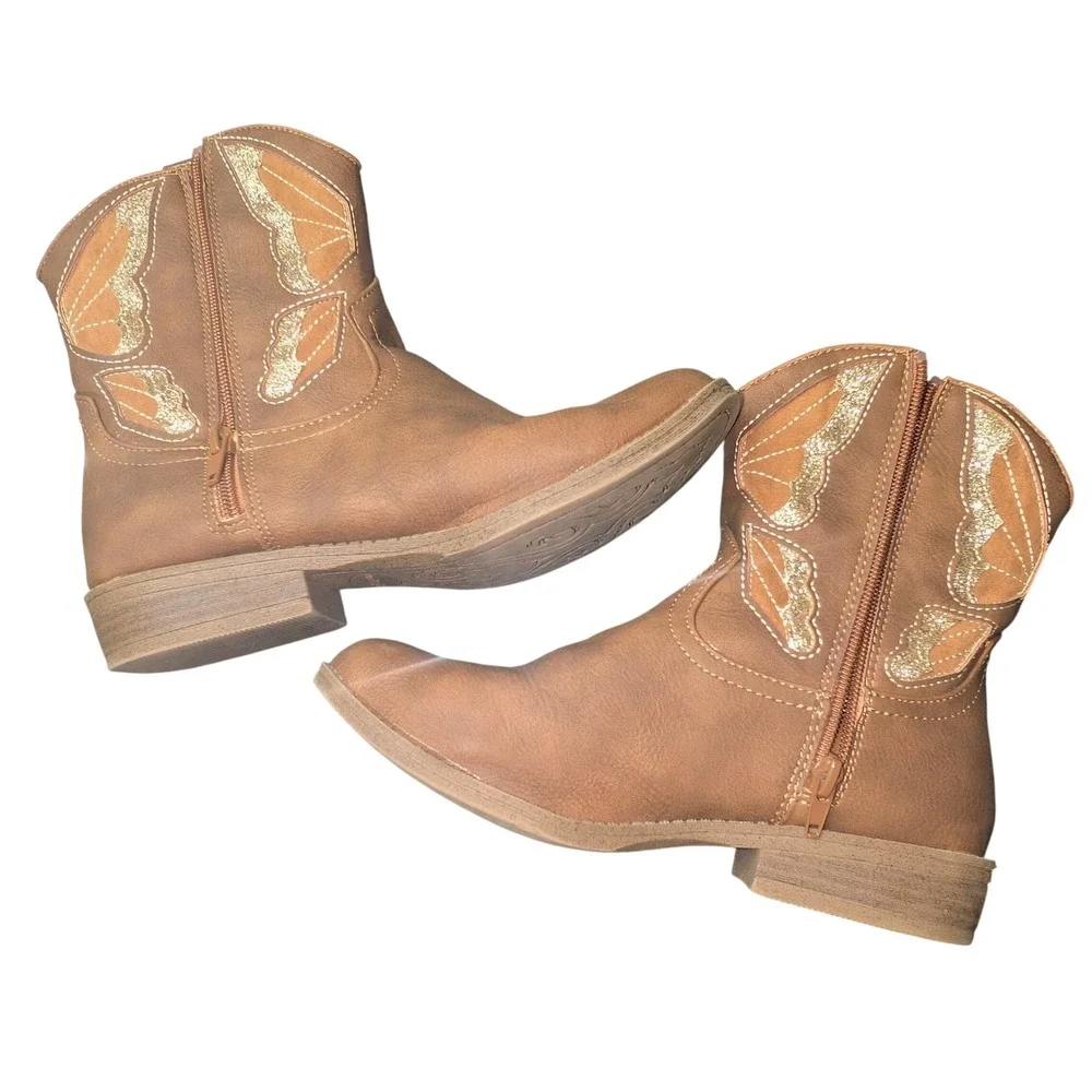 Madden Girl Kids Brown Zip-Up Butterfly Glitter Western‎ Cowboy Boots Size 5
